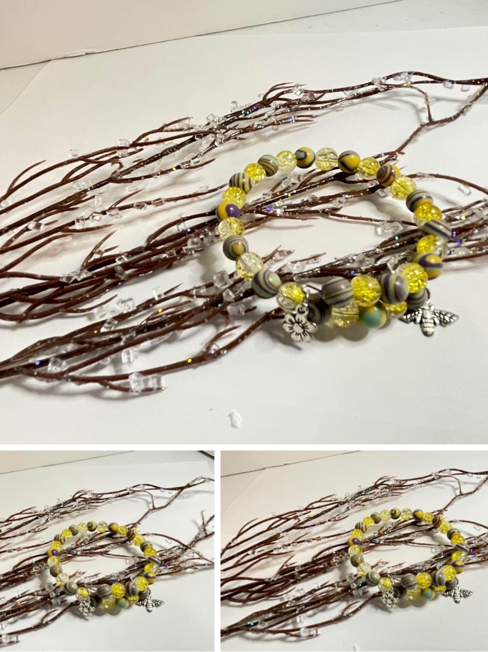Yellow Multi-Bead Coil Bracelet with Flower & Bee Charms